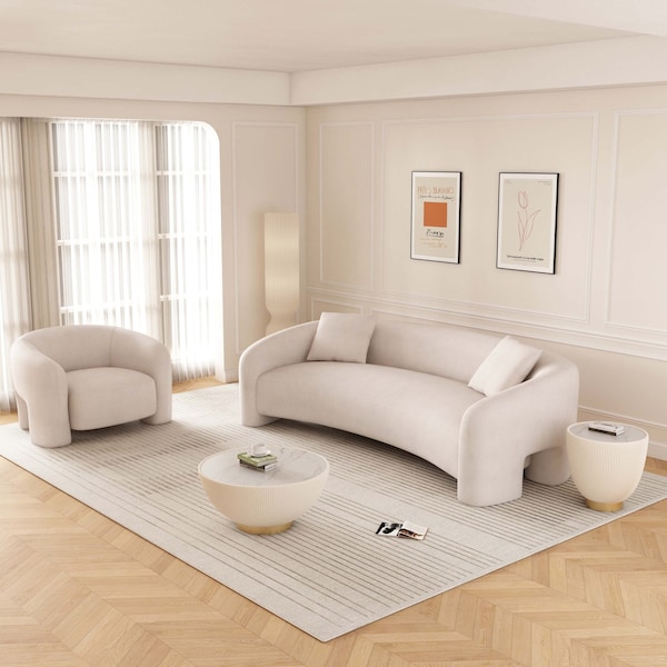 Manhattan Comfort 2-Piece Modern Sylvia Tweed Sofa with Accent Pillows and Accent Chair in Angora 2-SFAC1770-AN - main